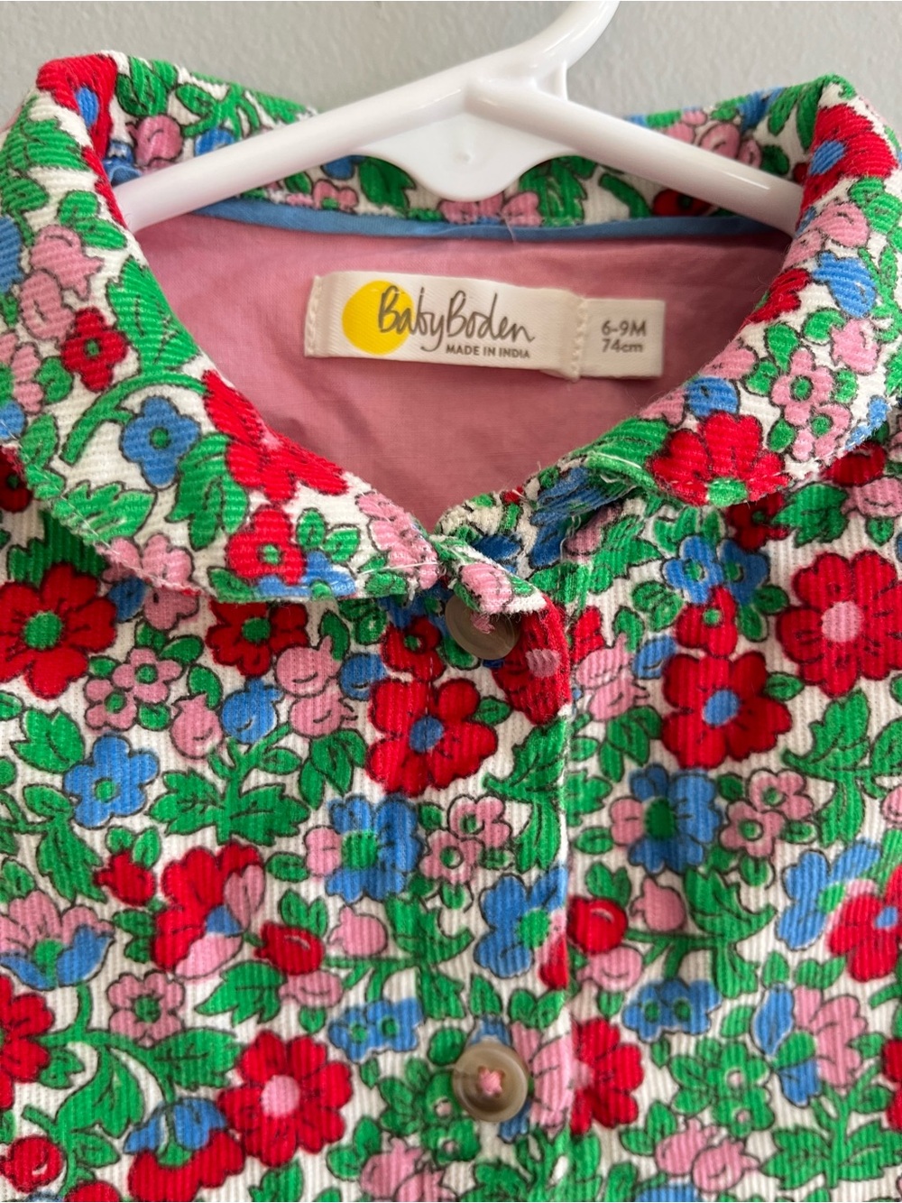 Baby Boden Long Sleeved Cord Shirt Dress Size 6-9 Mo. Bird Applique Floral - Picture 4 of 6